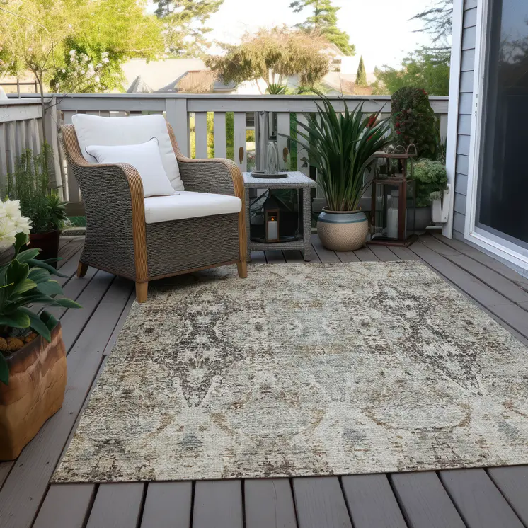10' X 14' Linen Black And Brown Floral Washable Indoor Outdoor Area Rug