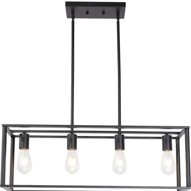 Black Metal Four Light Caged Rectangular Hanging Pendent Light