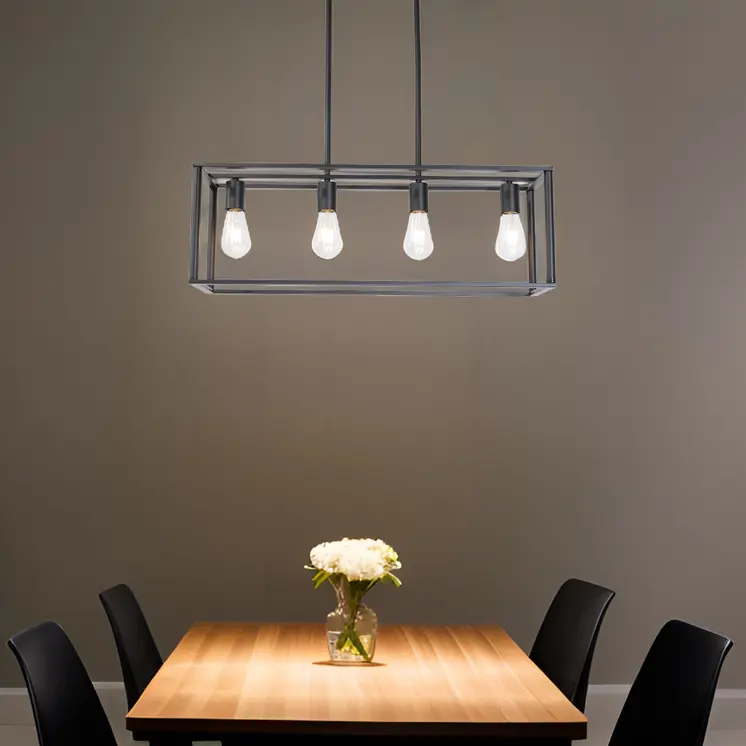 Black Metal Four Light Caged Rectangular Hanging Pendent Light