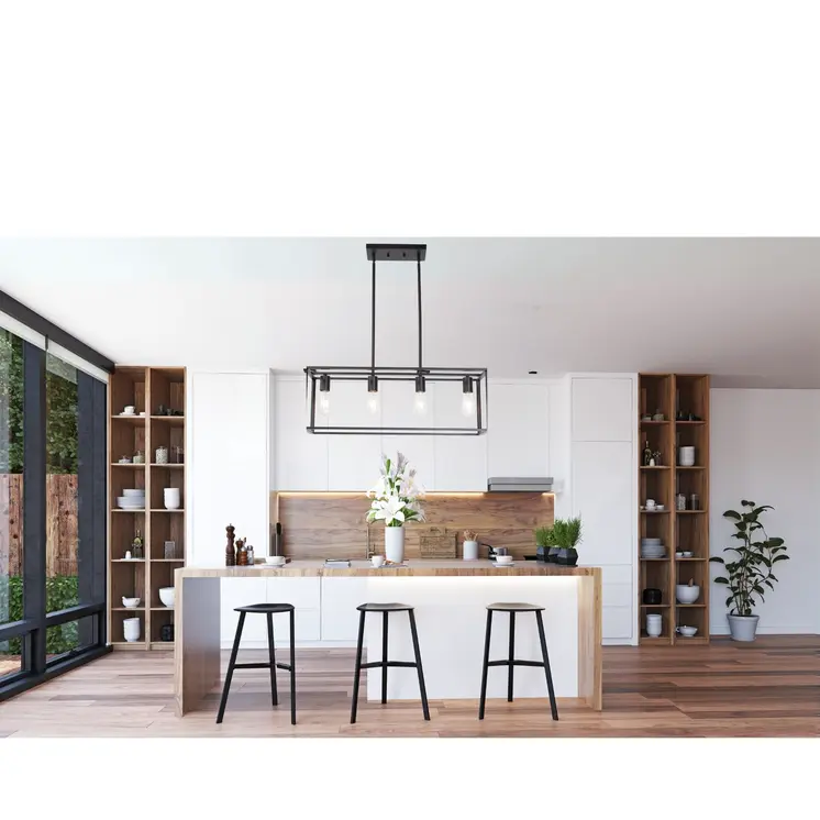 Black Metal Four Light Caged Rectangular Hanging Pendent Light