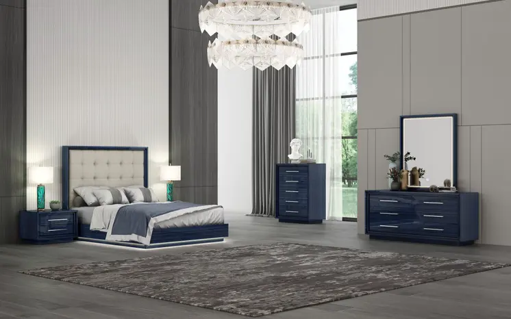 Blue and Gray Wood And Tufted Faux Leather Lighted Queen Bed Frame