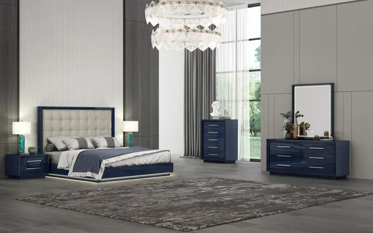 Blue and Gray Wood And Tufted Faux Leather Lighted King Bed Frame