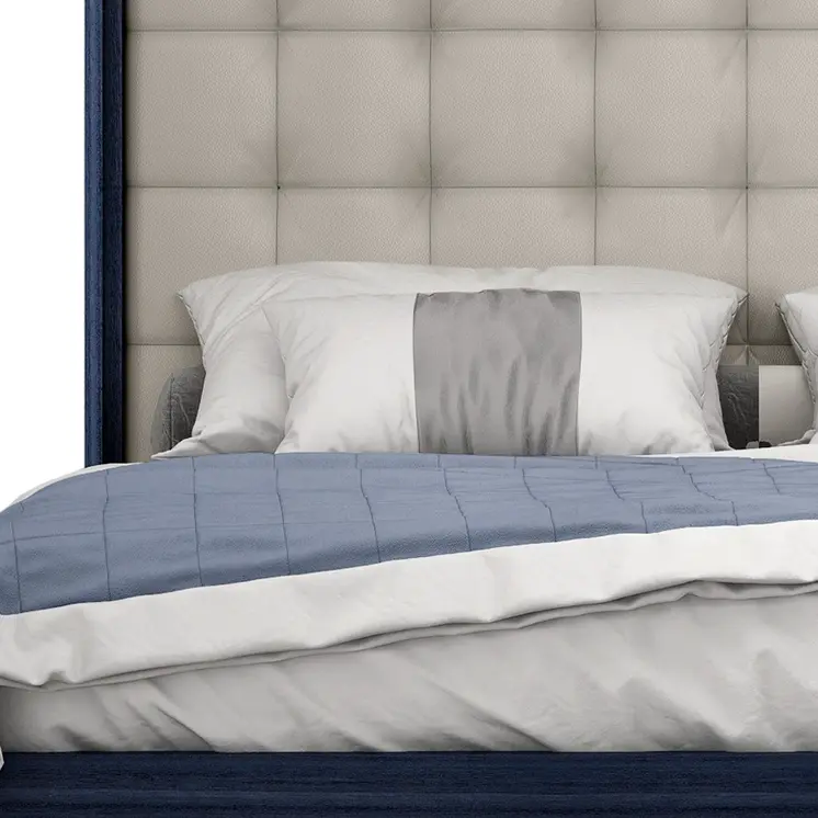 Blue and Gray Wood And Tufted Faux Leather Lighted King Bed Frame