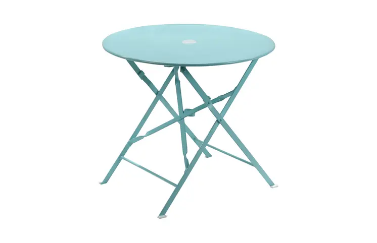 30" Aqua Rounded Aluminum Folding Outdoor Bistro Table with Umbrella Hole