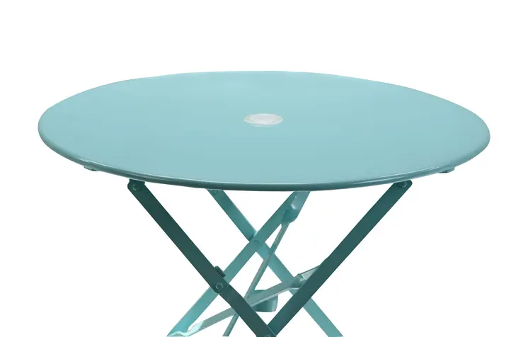 30" Aqua Rounded Aluminum Folding Outdoor Bistro Table with Umbrella Hole