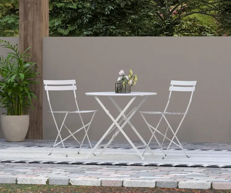30" White Rounded Aluminum Folding Outdoor Bistro Table with Umbrella Hole