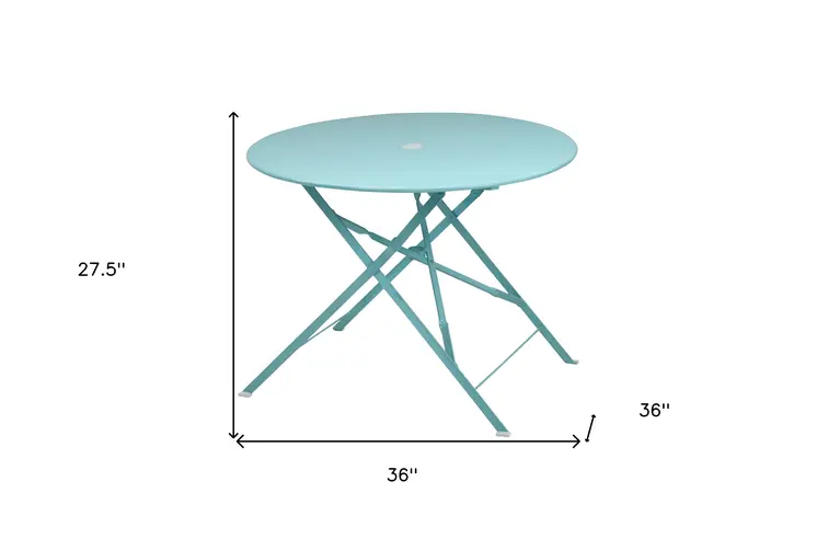 36" Aqua Rounded Aluminum Folding Outdoor Dining Table with Umbrella Hole