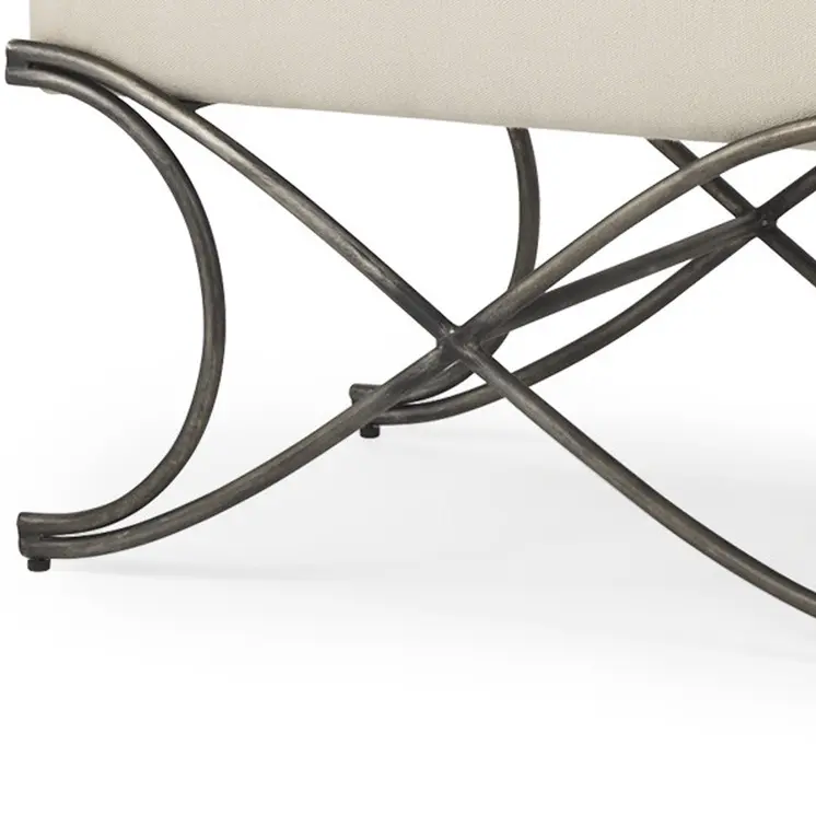 55" Cream and Nickel Fabric and Metal Upholstered Bench
