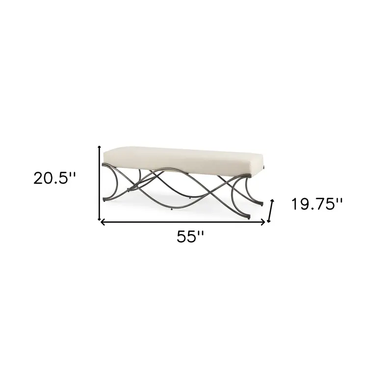 55" Cream and Nickel Fabric and Metal Upholstered Bench