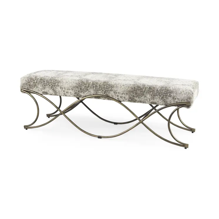 55" Light And Dark Gray Chenille And Gold Metal Upholstered Bench