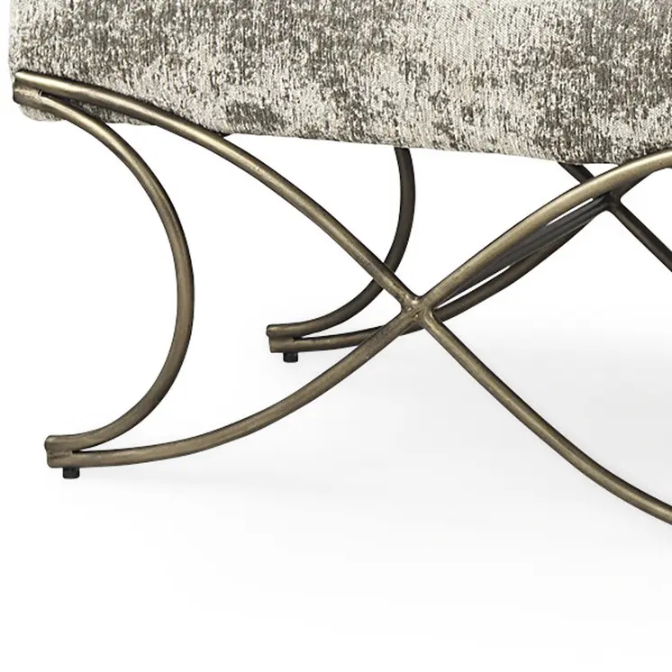 55" Light And Dark Gray Chenille And Gold Metal Upholstered Bench