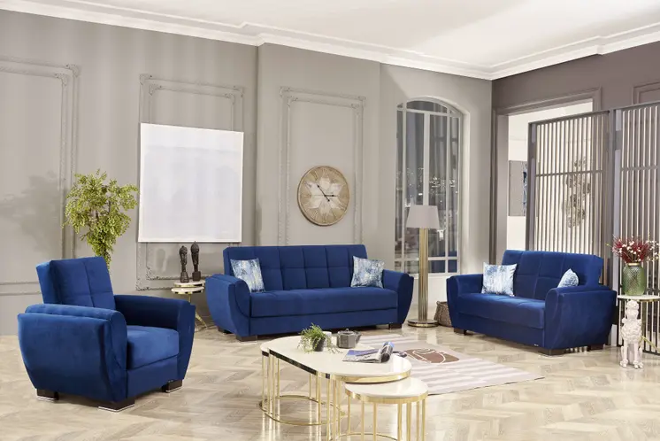 93" Blue Microfiber Convertible Futon Sleeper Sofa And Toss Pillows With Storage