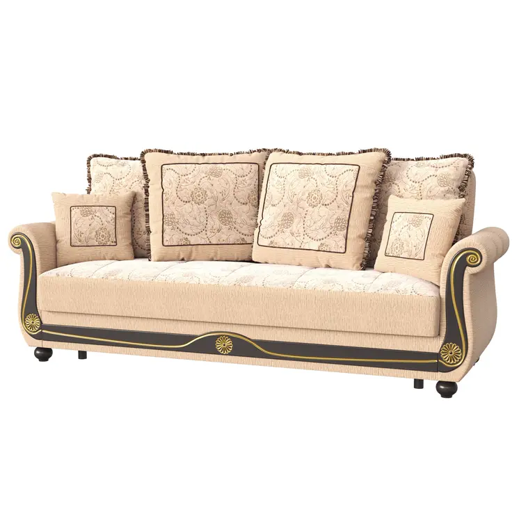 95" Beige Chenille Convertible Futon Sleeper Sofa And Toss Pillows With Storage