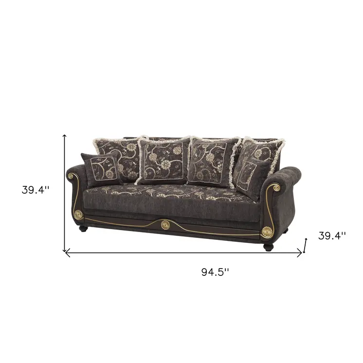 95" Gray Chenille Convertible Futon Sleeper Sofa And Toss Pillows With Storage