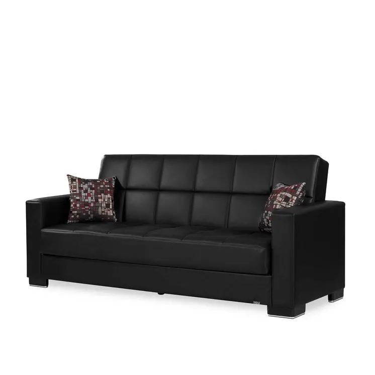 87" Black Faux Leather Convertible Futon Sleeper Sofa And Toss Pillows With Storage