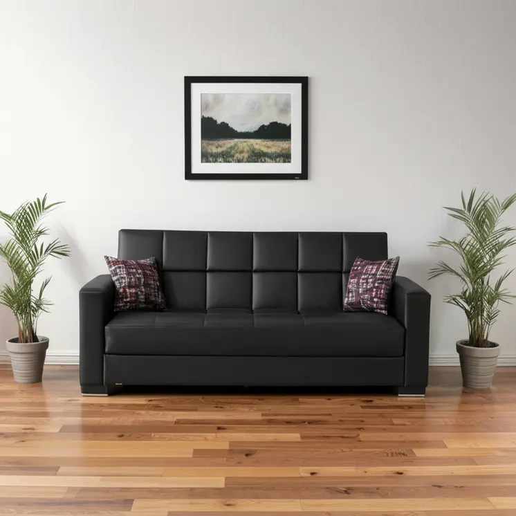 87" Black Faux Leather Convertible Futon Sleeper Sofa And Toss Pillows With Storage