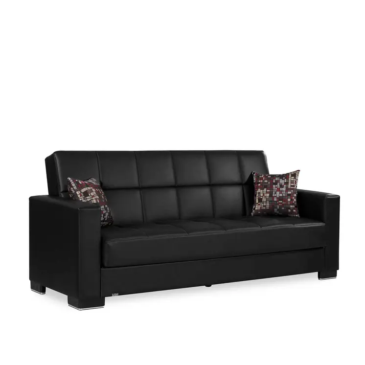 87" Black Faux Leather Convertible Futon Sleeper Sofa And Toss Pillows With Storage
