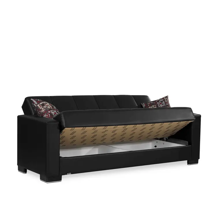 87" Black Faux Leather Convertible Futon Sleeper Sofa And Toss Pillows With Storage