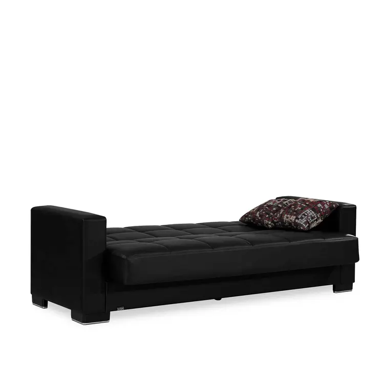 87" Black Faux Leather Convertible Futon Sleeper Sofa And Toss Pillows With Storage