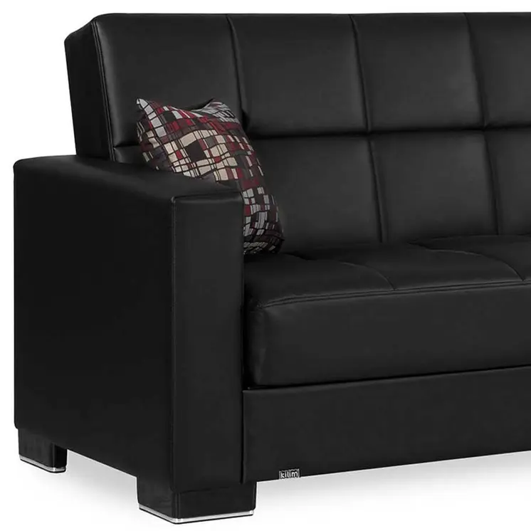 87" Black Faux Leather Convertible Futon Sleeper Sofa And Toss Pillows With Storage