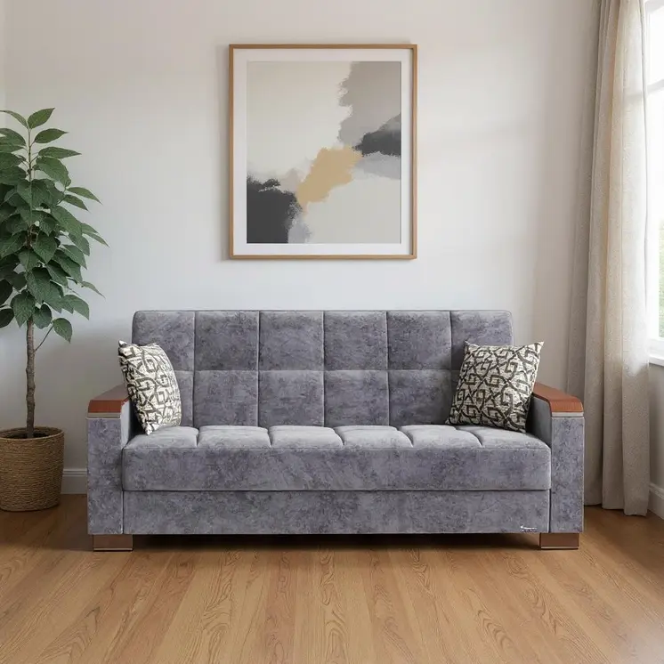 87" Gray Microfiber Convertible Futon Sleeper Sofa And Toss Pillows With Storage