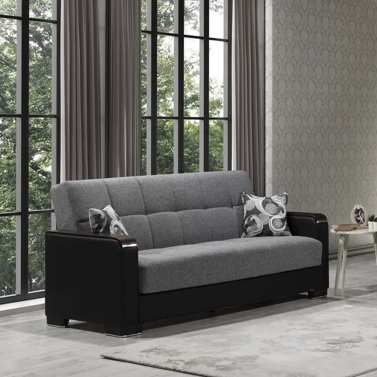 87" Gray And Black Microfiber Convertible Futon Sleeper Sofa And Toss Pillows With Storage