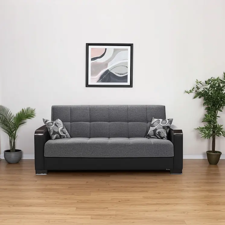 87" Gray And Black Microfiber Convertible Futon Sleeper Sofa And Toss Pillows With Storage