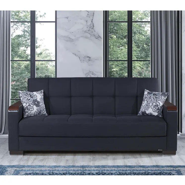 87" Dark Blue Chenille Convertible Futon Sleeper Sofa And Toss Pillows With Storage