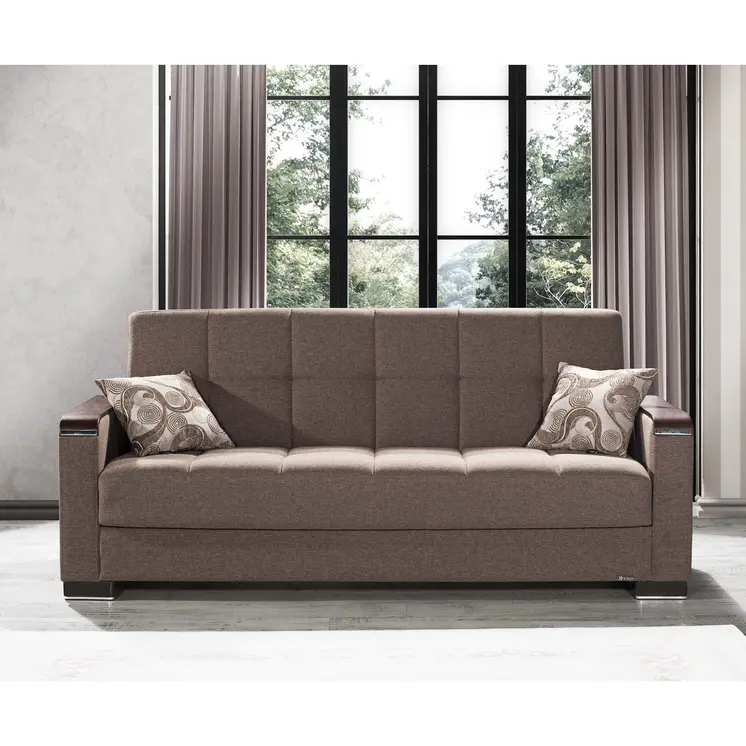 87" Brown Chenille Convertible Futon Sleeper Sofa And Toss Pillows With Storage
