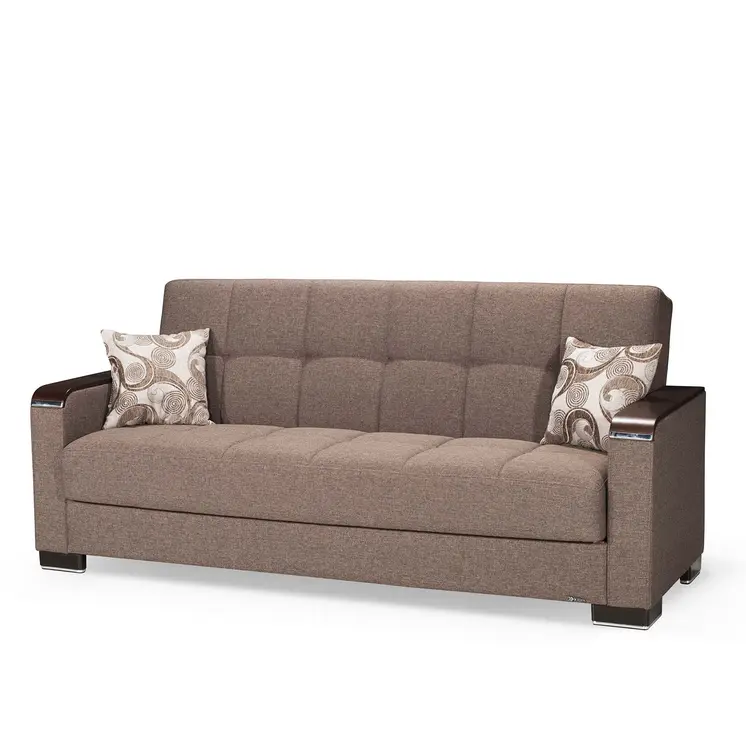 87" Brown Chenille Convertible Futon Sleeper Sofa And Toss Pillows With Storage