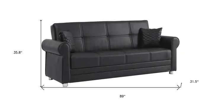 89" Black Faux Leather Convertible Futon Sleeper Sofa And Toss Pillows With Storage