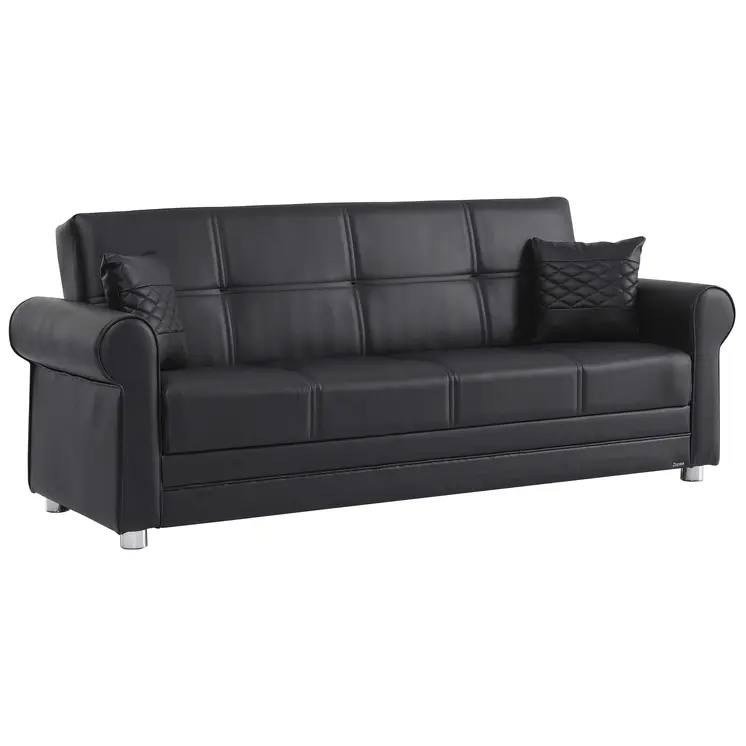 89" Black Faux Leather Convertible Futon Sleeper Sofa And Toss Pillows With Storage