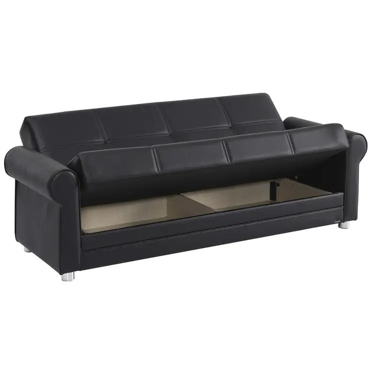 89" Black Faux Leather Convertible Futon Sleeper Sofa And Toss Pillows With Storage