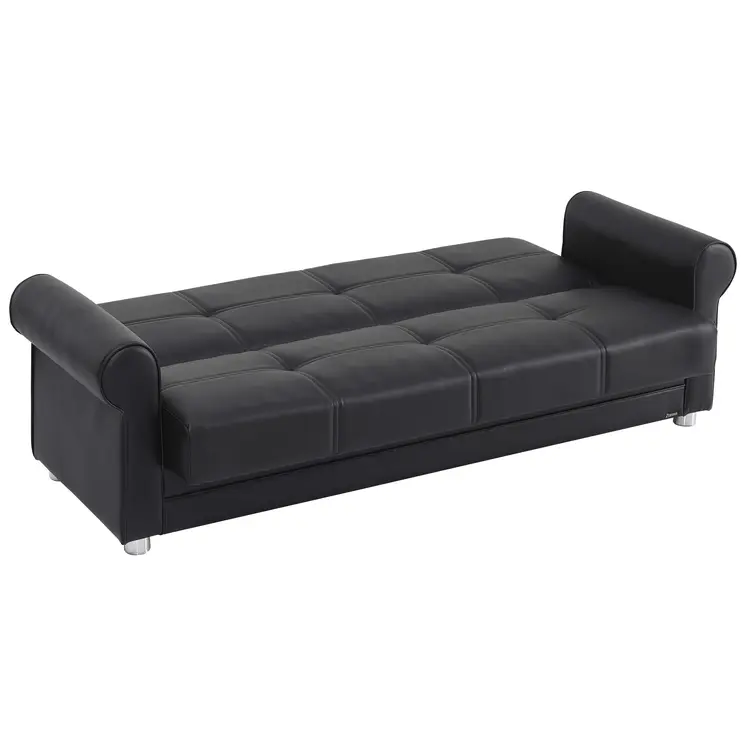 89" Black Faux Leather Convertible Futon Sleeper Sofa And Toss Pillows With Storage