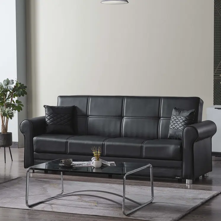 89" Black Faux Leather Convertible Futon Sleeper Sofa And Toss Pillows With Storage