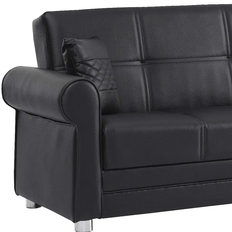 89" Black Faux Leather Convertible Futon Sleeper Sofa And Toss Pillows With Storage