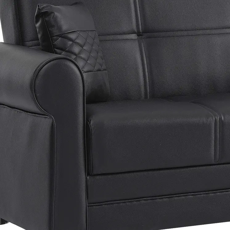 89" Black Faux Leather Convertible Futon Sleeper Sofa And Toss Pillows With Storage