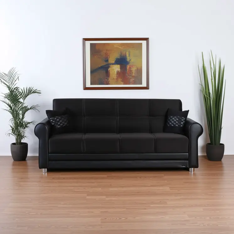 89" Black Polyester Convertible Futon Sleeper Sofa And Toss Pillows With Storage