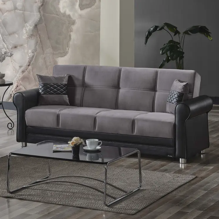 89" Gray Polyester Convertible Futon Sleeper Sofa And Toss Pillows With Storage