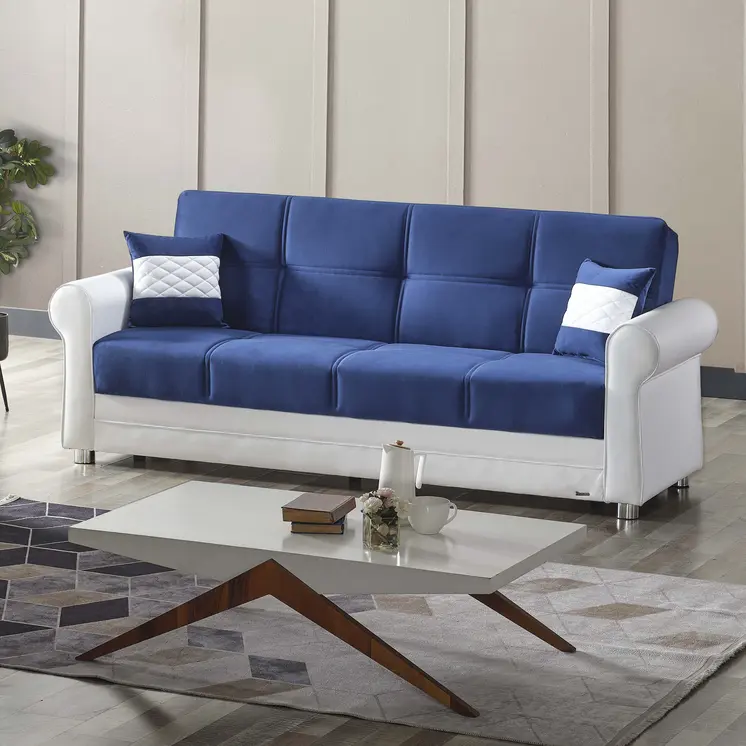 89" Sky Blue Polyester Convertible Futon Sleeper Sofa And Toss Pillows With Storage