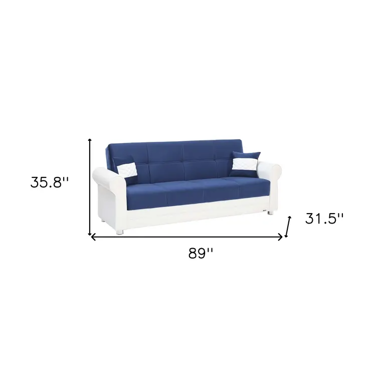 89" Sky Blue Polyester Convertible Futon Sleeper Sofa And Toss Pillows With Storage