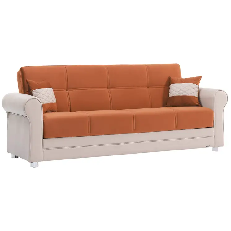89" Orange Polyester Convertible Futon Sleeper Sofa And Toss Pillows With Storage