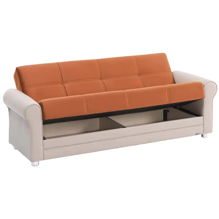 89" Orange Polyester Convertible Futon Sleeper Sofa And Toss Pillows With Storage