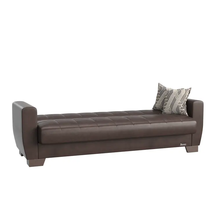 84" Brown Faux Leather Convertible Futon Sleeper Sofa And Toss Pillows With Storage