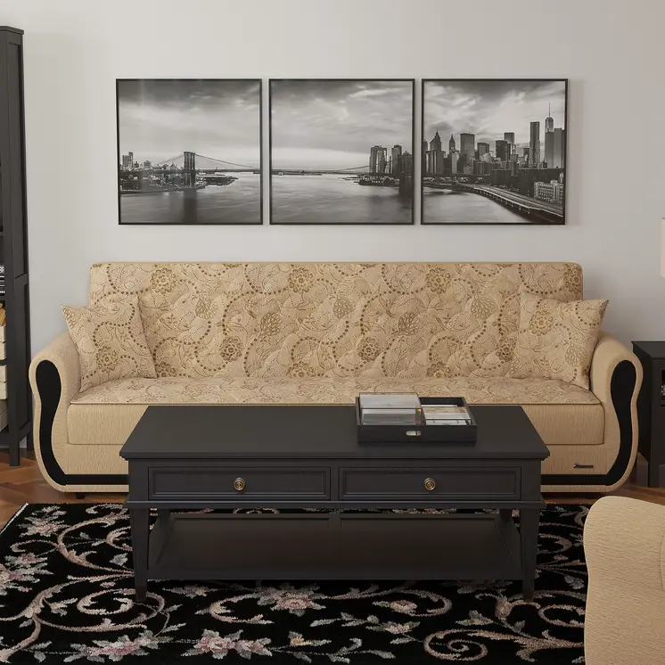 90" Beige Chenille Convertible Futon Sleeper Sofa And Toss Pillows With Storage