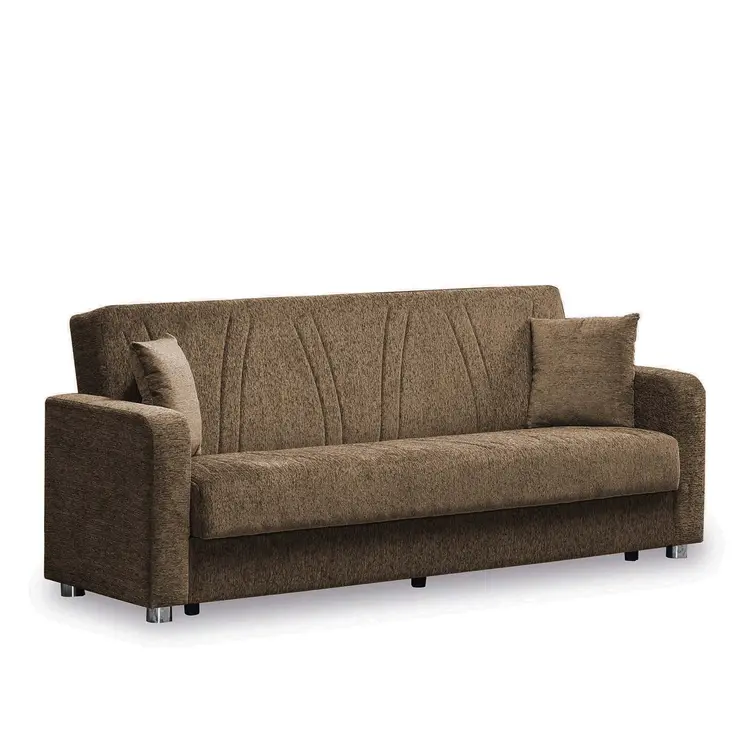87" Beige Chenille Convertible Futon Sleeper Sofa And Toss Pillows With Storage