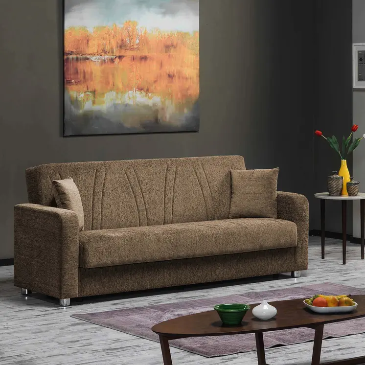 87" Beige Chenille Convertible Futon Sleeper Sofa And Toss Pillows With Storage