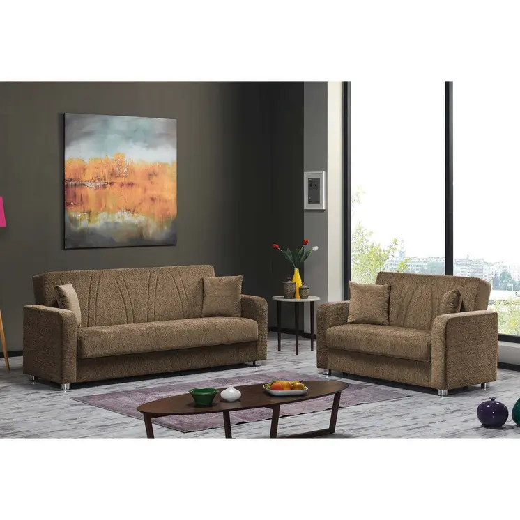 87" Beige Chenille Convertible Futon Sleeper Sofa And Toss Pillows With Storage