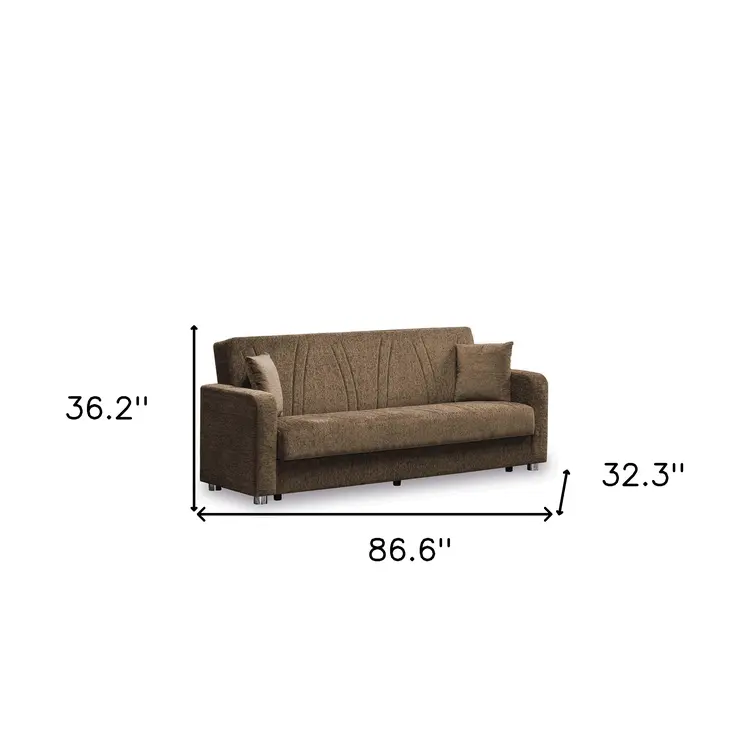 87" Beige Chenille Convertible Futon Sleeper Sofa And Toss Pillows With Storage