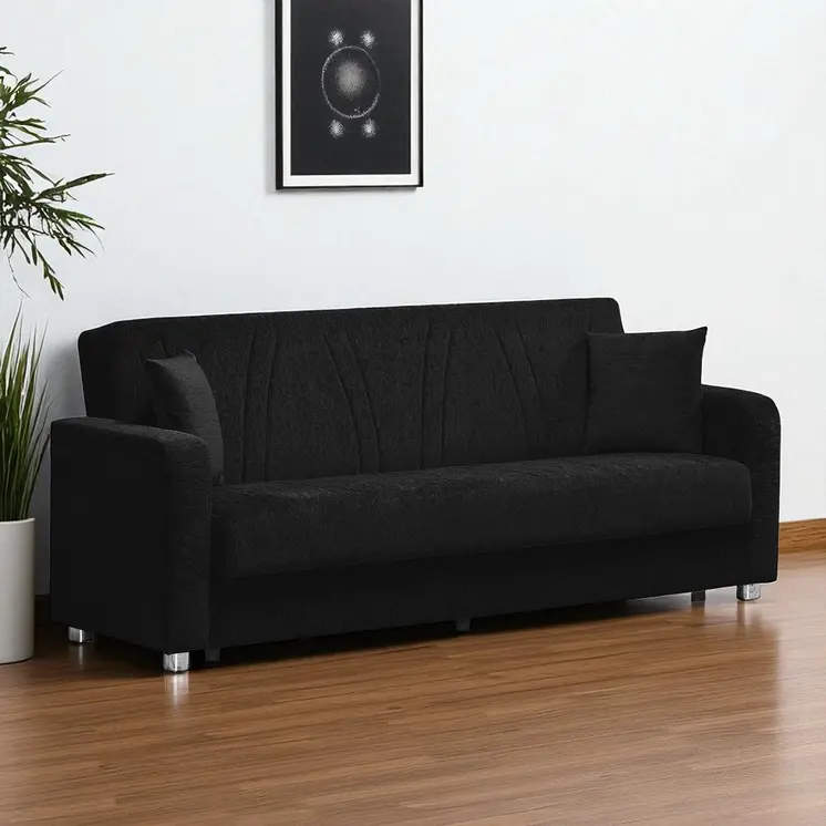 87" Black Chenille Convertible Futon Sleeper Sofa And Toss Pillows With Storage